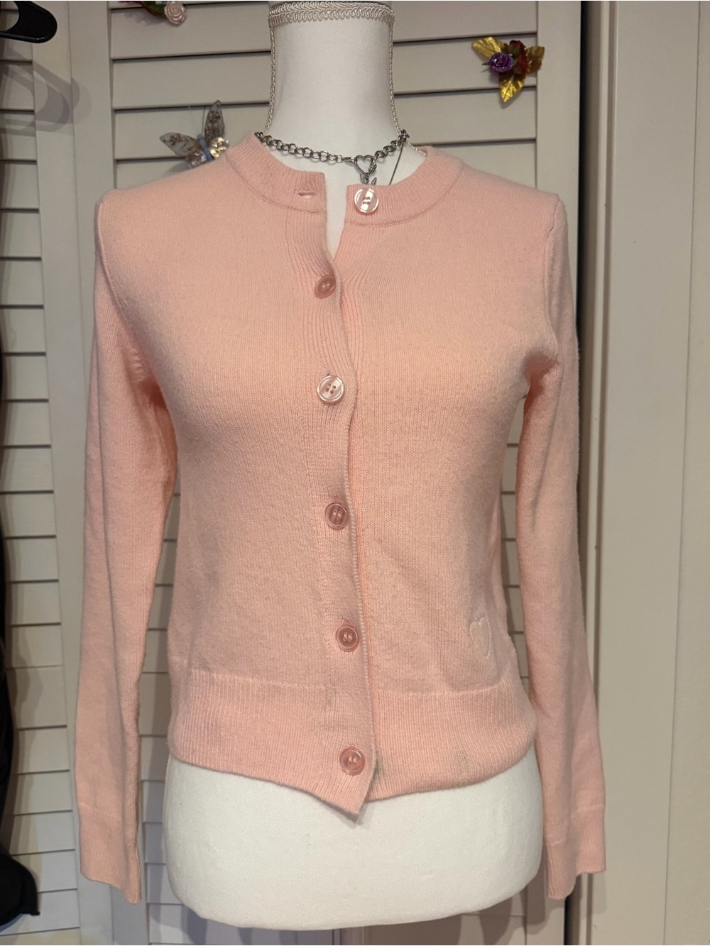 Classic Pink Knit Button-Front Women's Cardigan with heart detail size XS